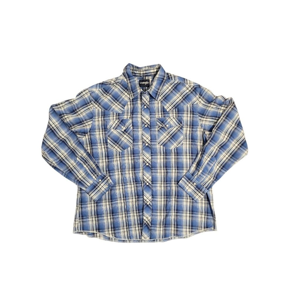 Wrangler Western Pearl Snap Plaid Long Sleeve Nutton Down Men XXL 2XL Rodeo Blue